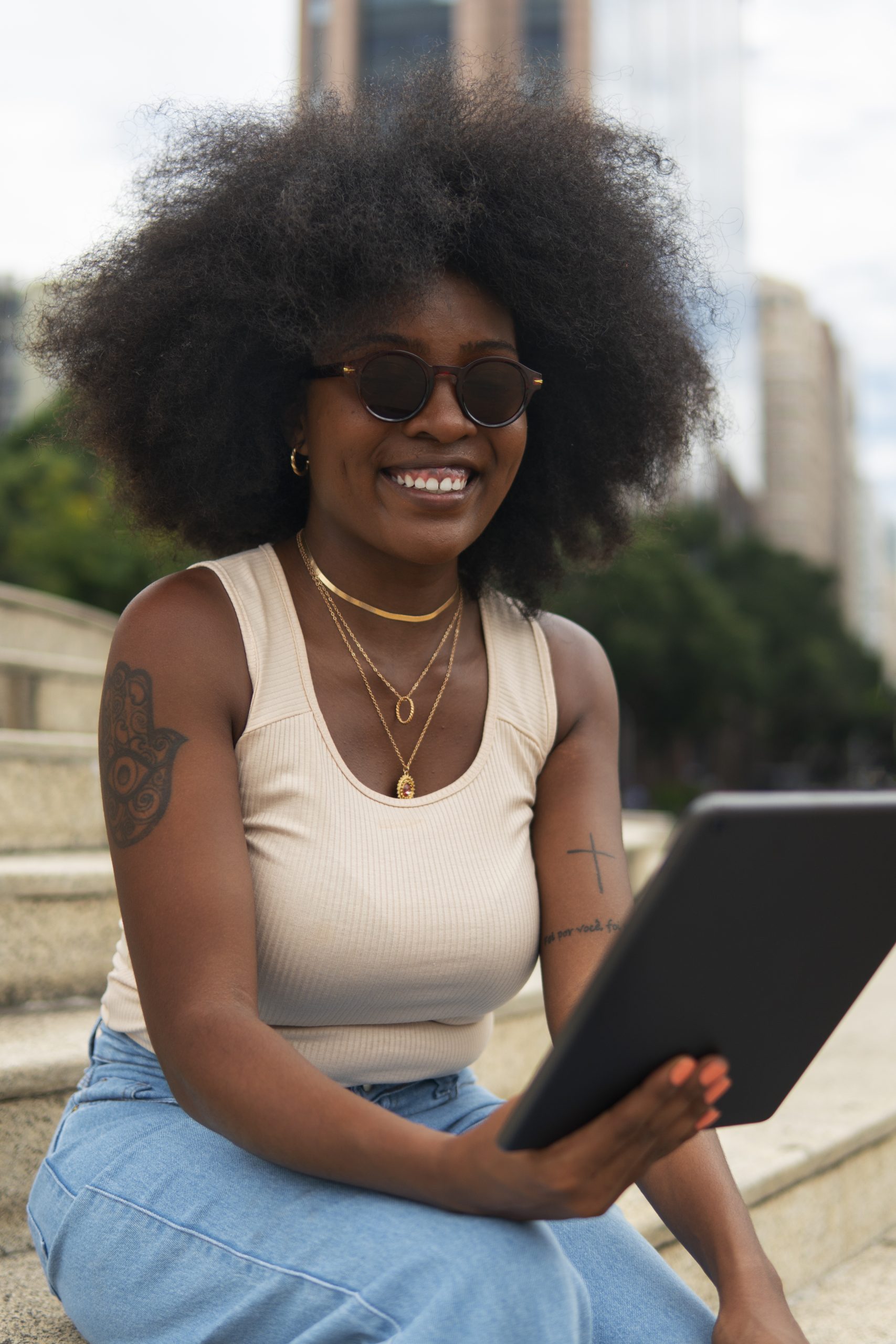 front-view-woman-reading-tablet